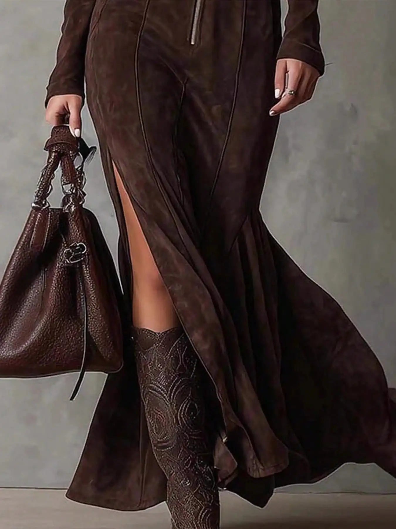 Women's Suede Full Zip Long Dress With High Slit Elegant