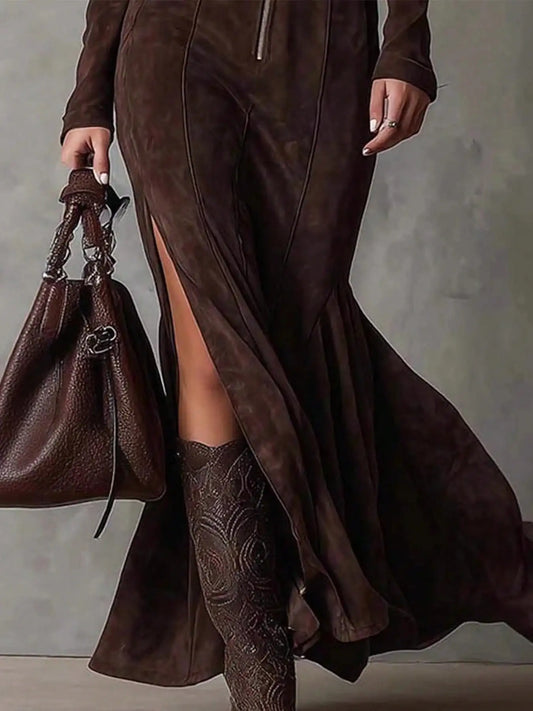 Women's Suede Full Zip Long Dress With High Slit Elegant