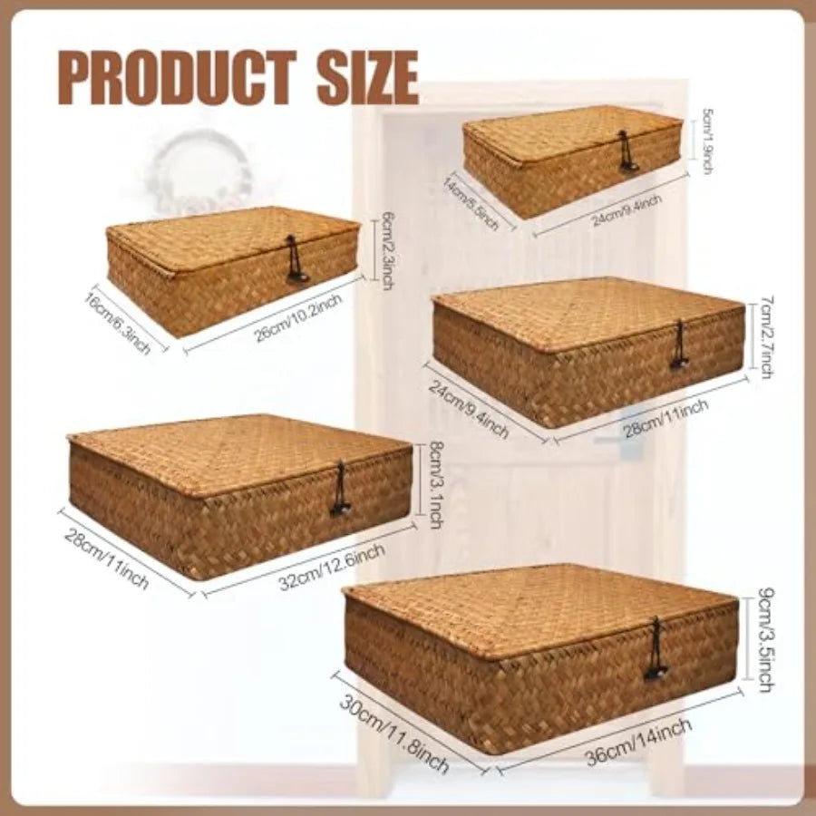 Seagrass Basket With Lid Set For Woven Storage Organizer