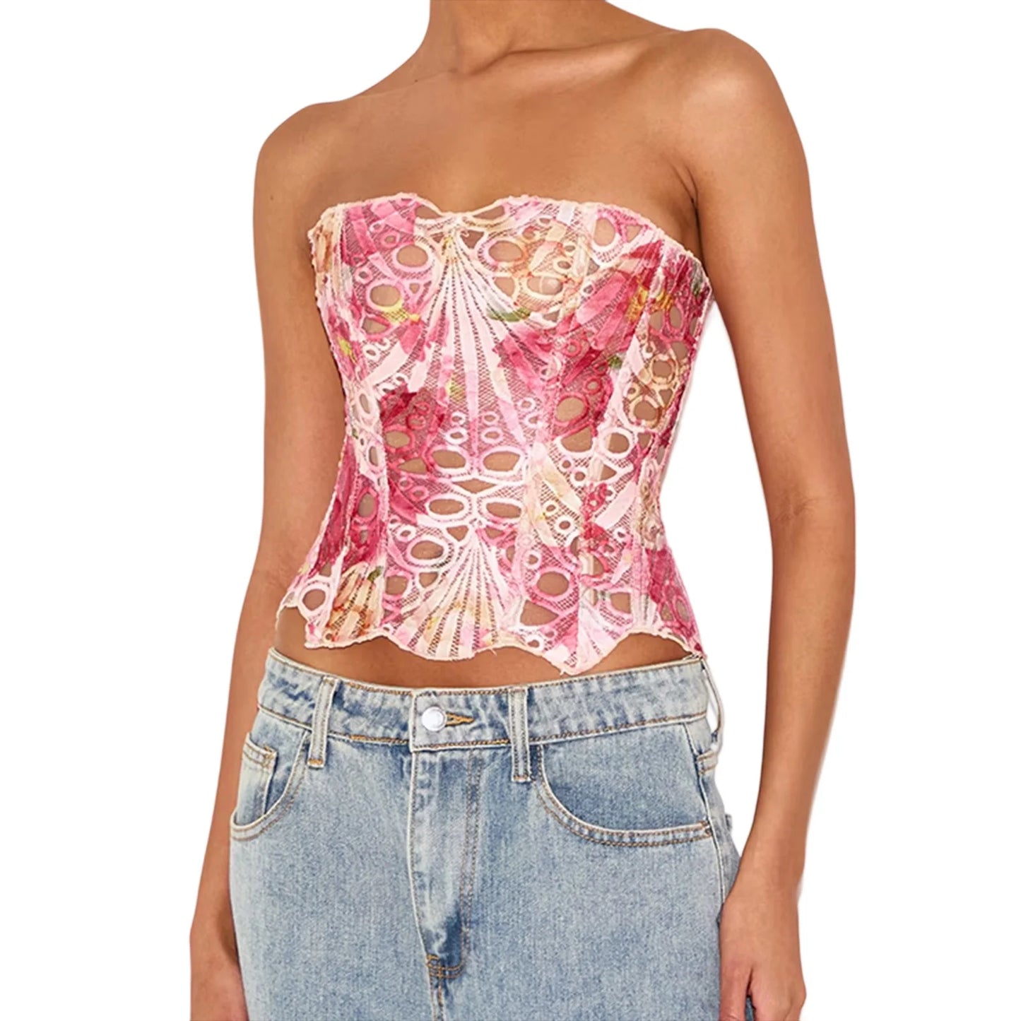 Hirigin Lace Up Backless Bandeau Top With Irregular Cutouts