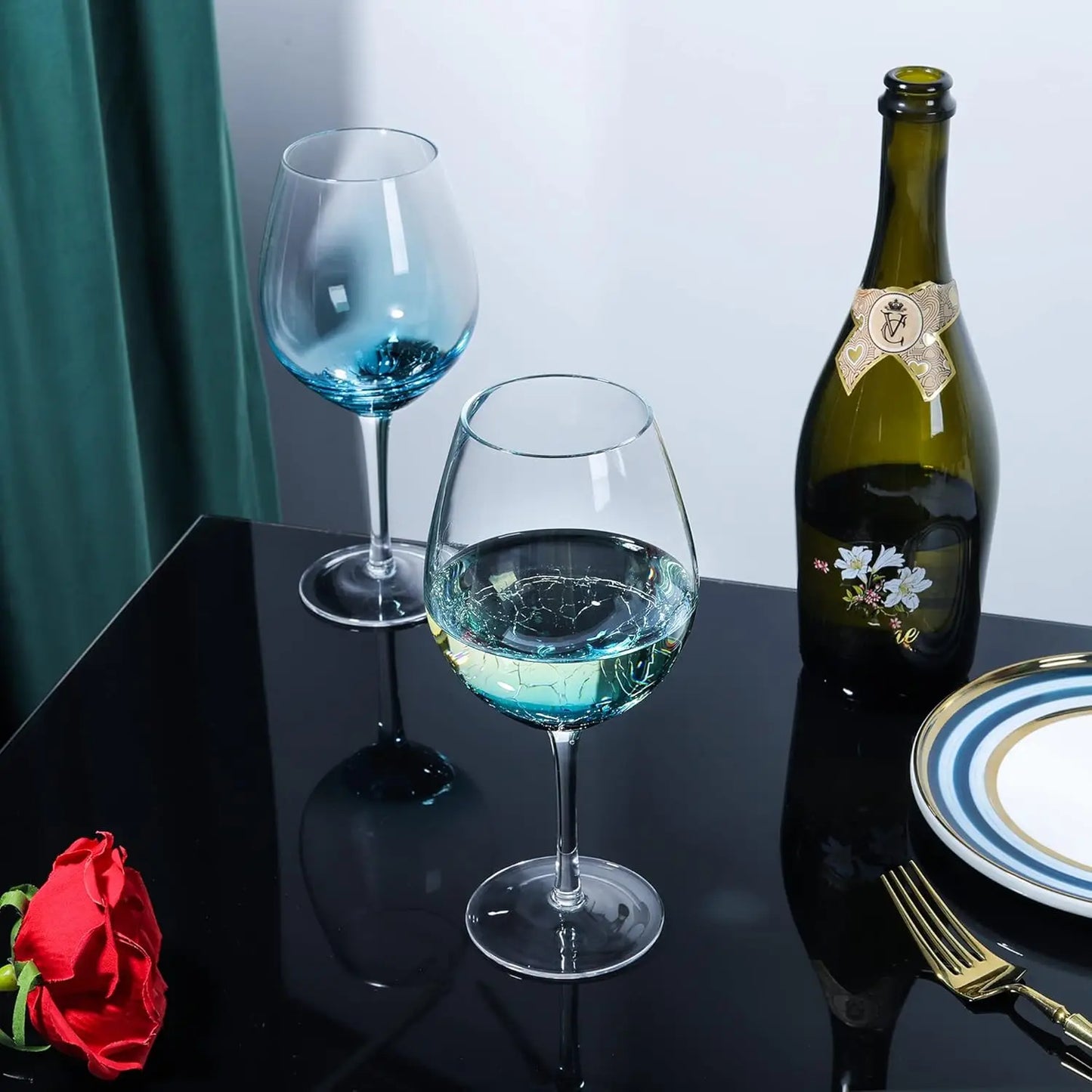 Handmade Blue Crackle Wine Glasses,Large Crystal Burgundy Wine Glass Cup with Stem,Red White Wine Goblet Tumbler,Aesthet
