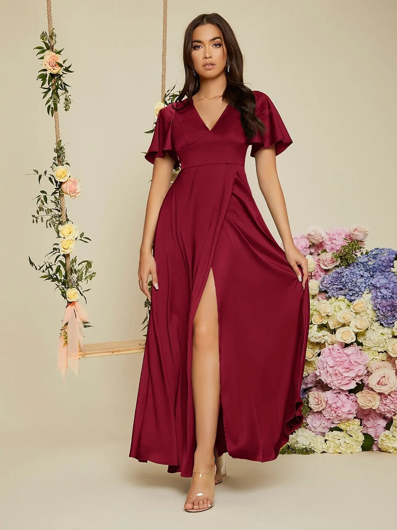 Satin Wrap Dress With Flutter Sleeves And High Slit