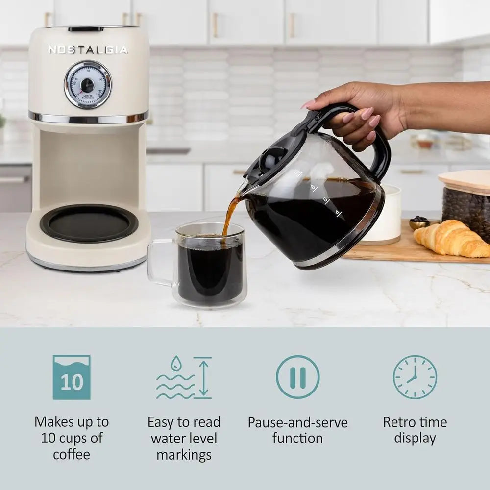 Retro Style 10 Cup Coffee Maker With One Touch Brew Time Display Auto Off