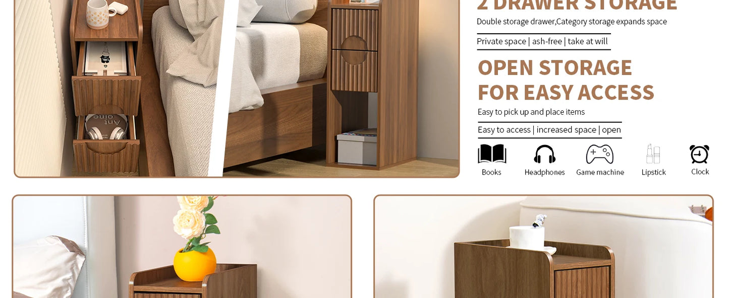Narrow Fluted Wooden Nightstand With 2 Drawers Slim Bedside Cabinet