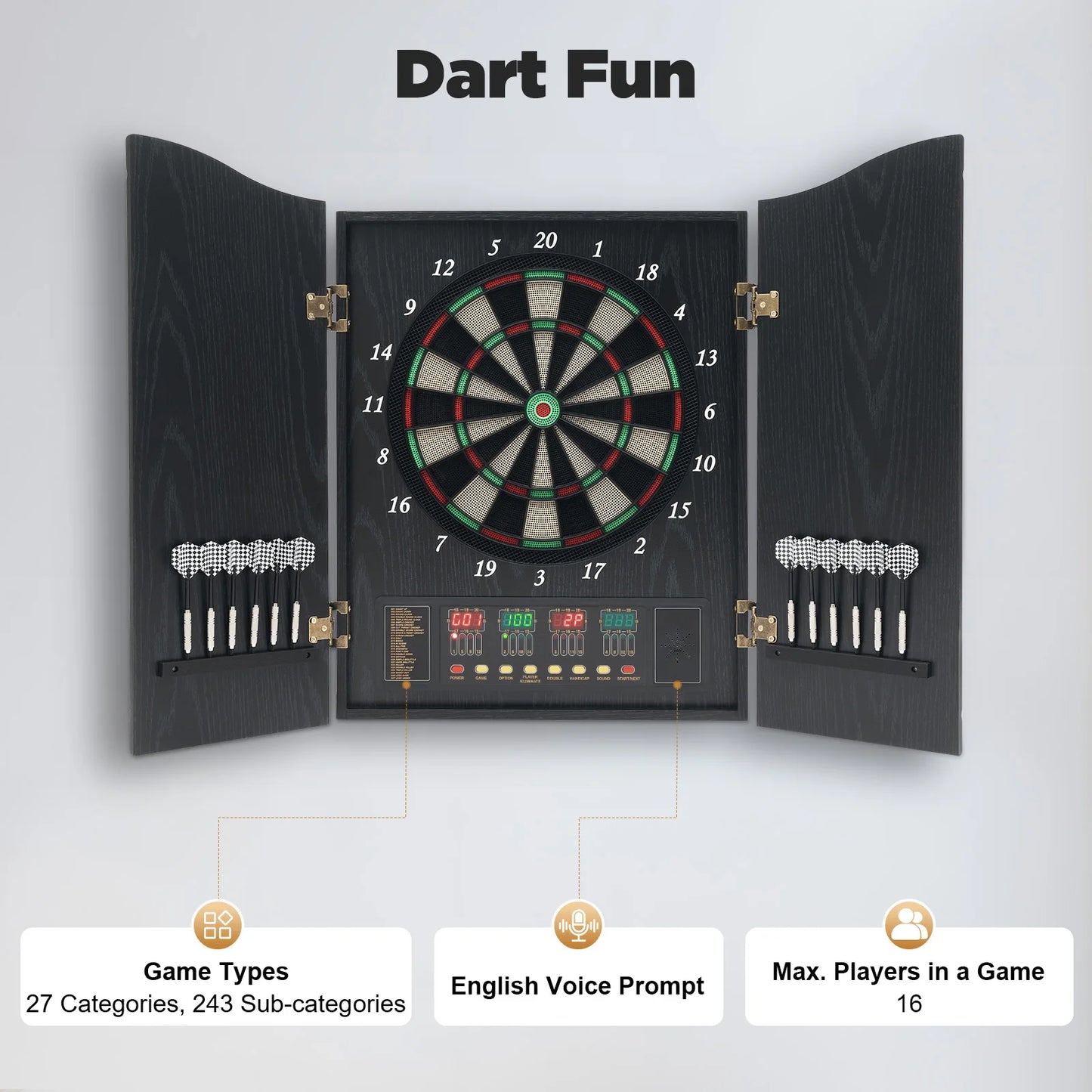 Electronic Dart Board Set With LED Displays 243 Games Voice Prompts CB05E
