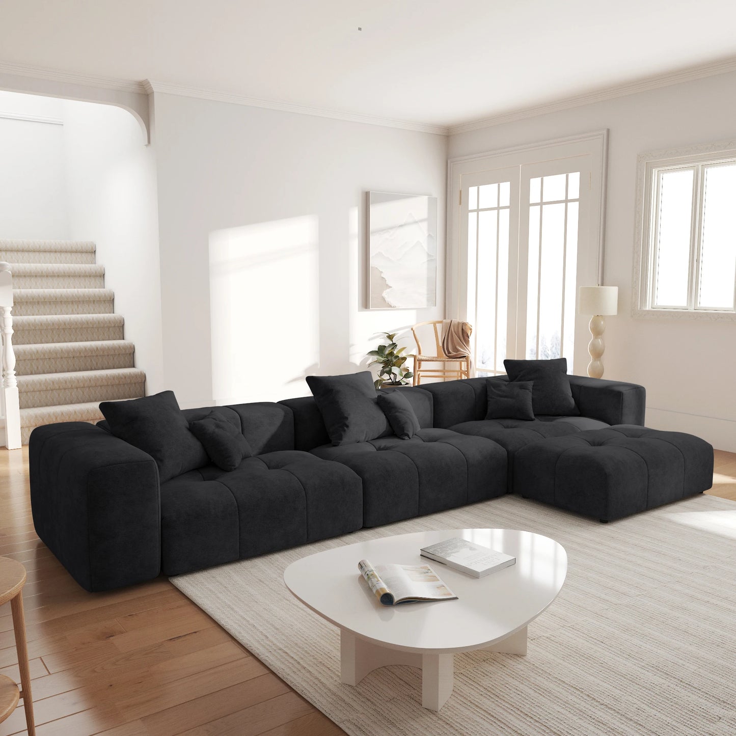 Sdorens 144" Sectional Sofa for Living Room L Shaped 3 Seater with Ottoman Linen Deep Seat with Pillow Couches for Living Room
