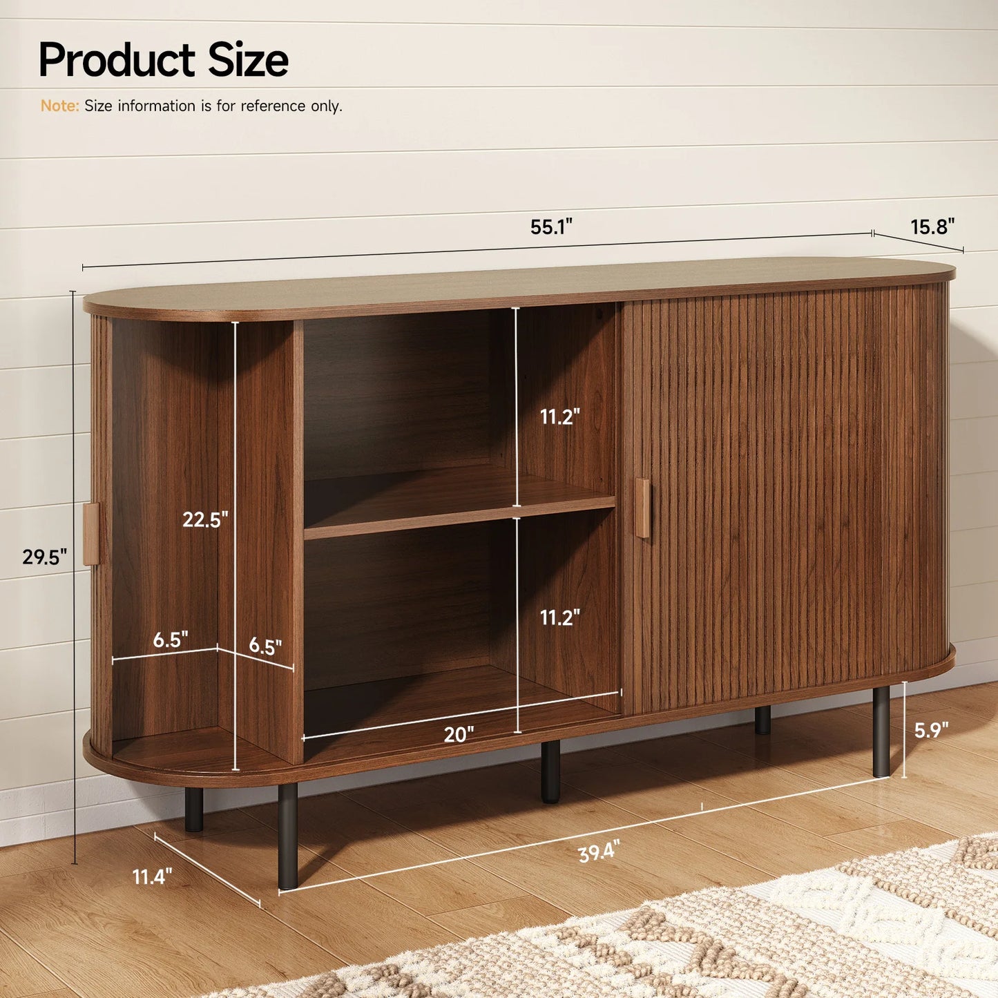 55" Sideboard Buffet Cabinet, Storage Cabinet  Adjustable Shelf, Wood Fluted Accent Coffee Bar Console Table for Kitchen
