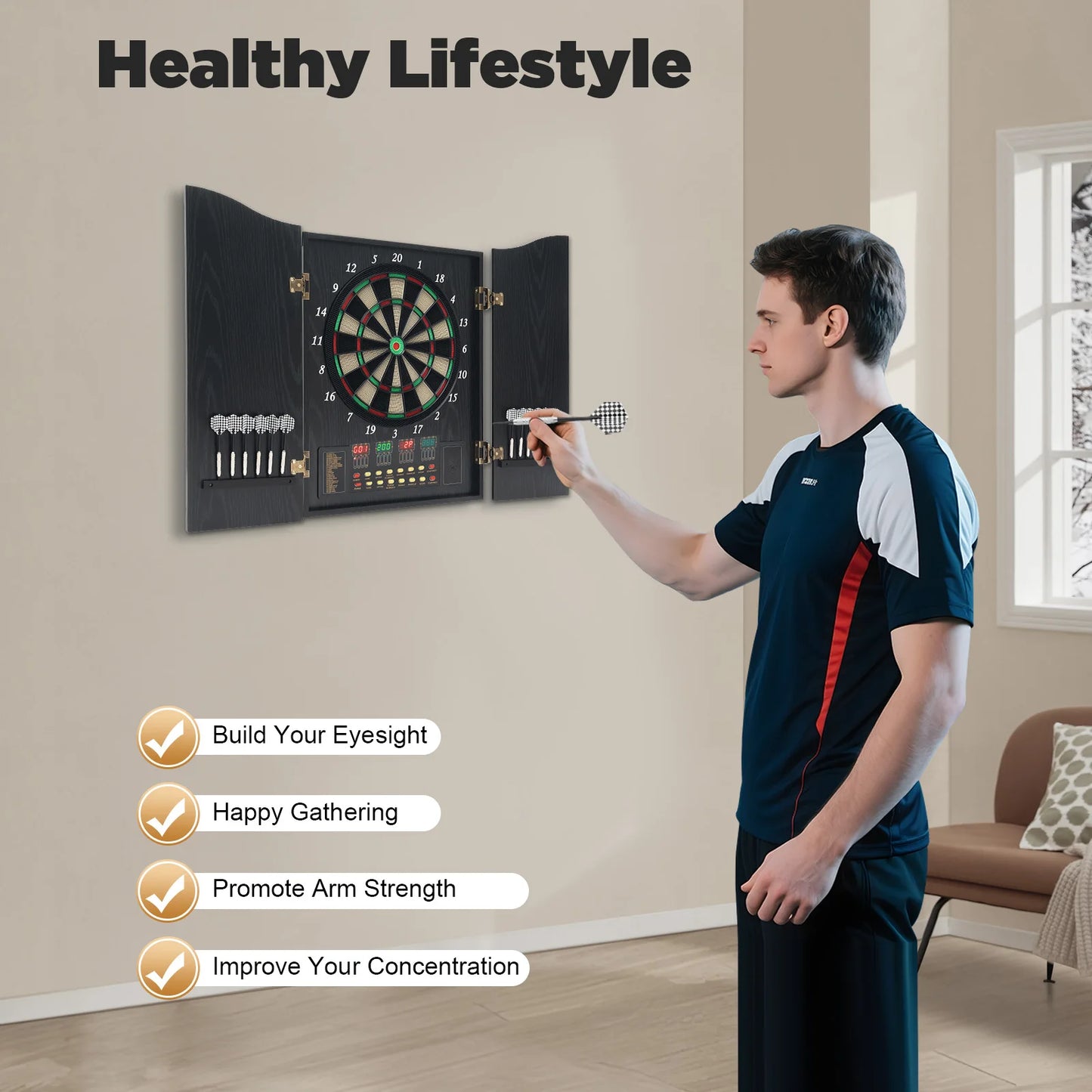 Electronic Dart Board Set With LED Displays 243 Games Voice Prompts CB05E