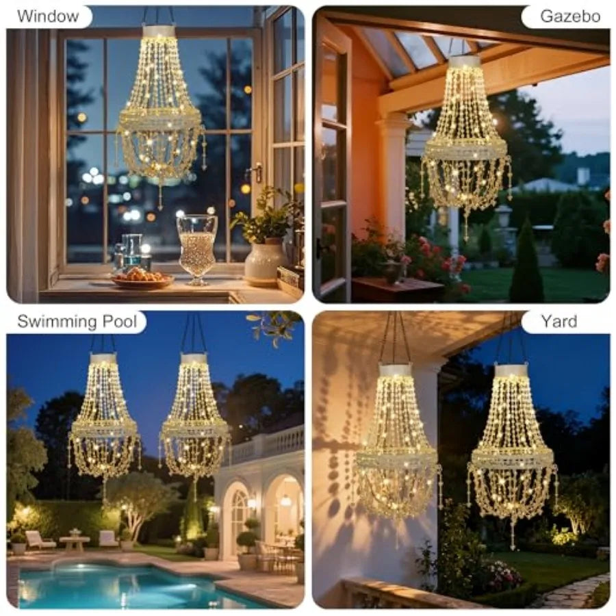 Hanging Solar Lantern Outdoor Chandelier Waterproof Crystal Pendant LED