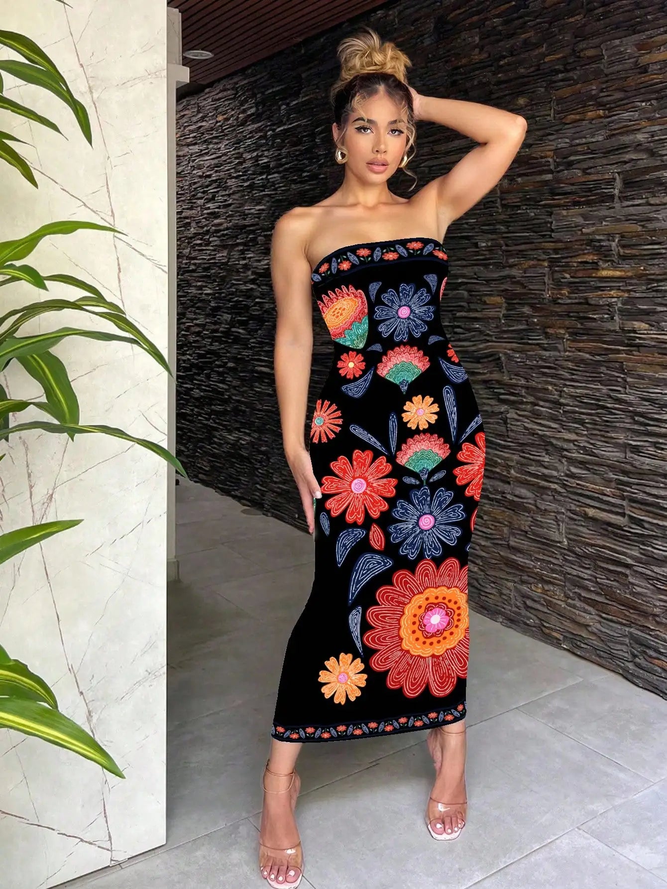 Bohemian Green Tropical Print Strapless Bodycon Dress For Vacation
