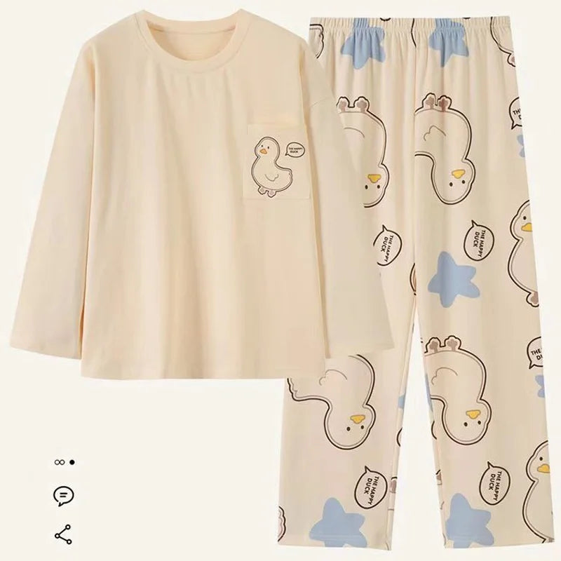 Spring and Autumn New Women's Pajamas Homewear Suit Girls Thin Section Long-Sleeved Students Big Yards Cartoon Loose Pajamas