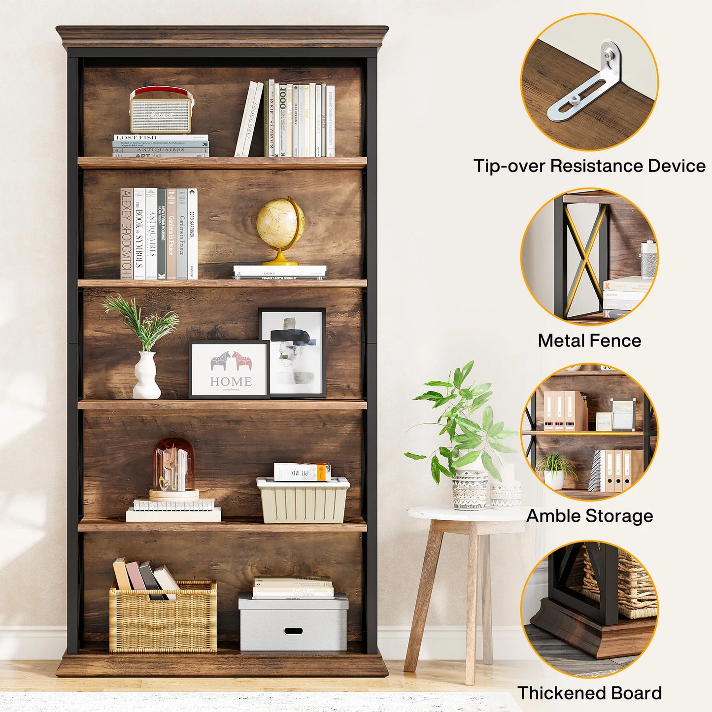 Tribesigns Five Tier Industrial Bookcase, Floor Standing Bookshelves