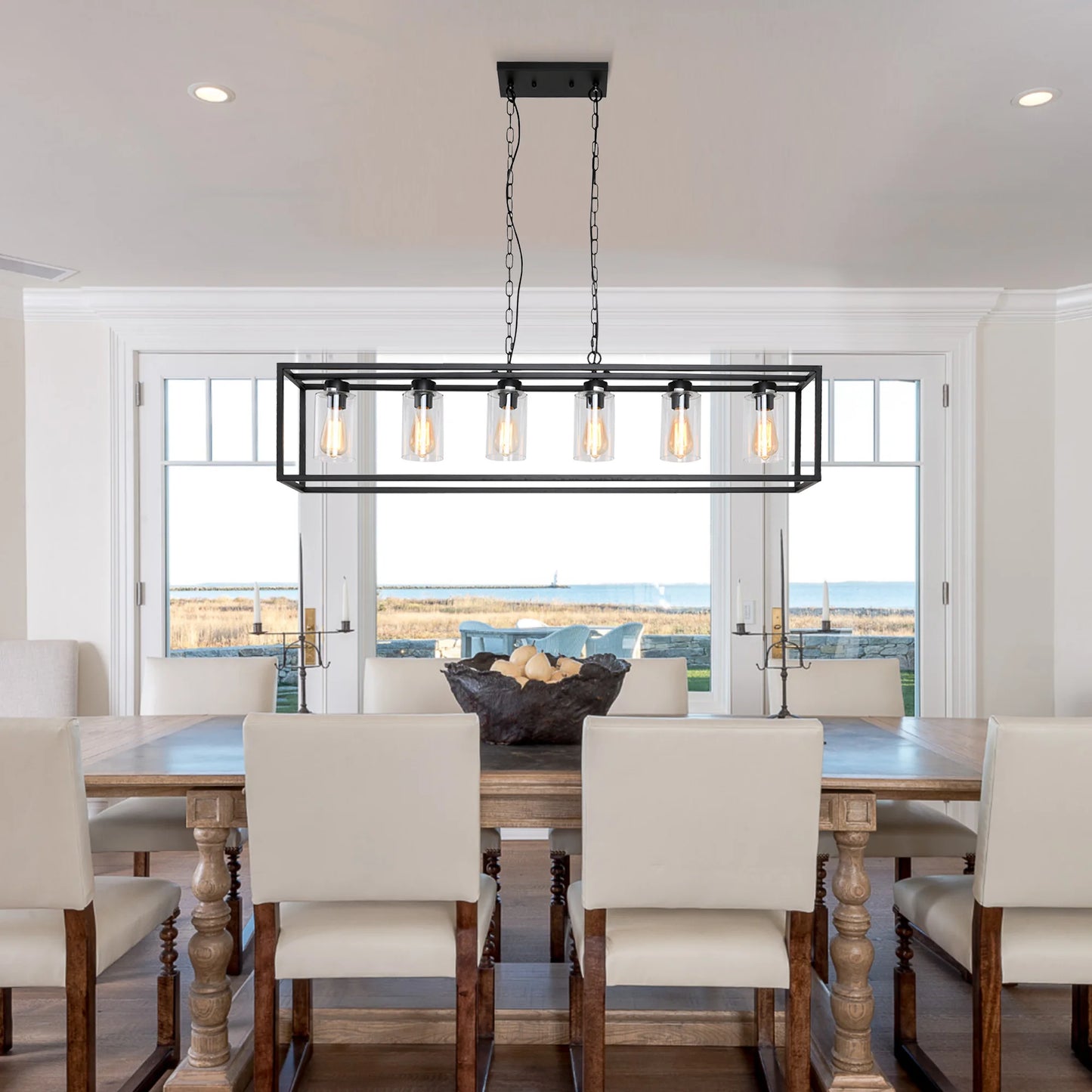 6 Light Cage Chandeliers with Glass Shade Rectangle Black Dining Room Lighting Fixtures Kitchen Island Hanging Pendant Lamps
