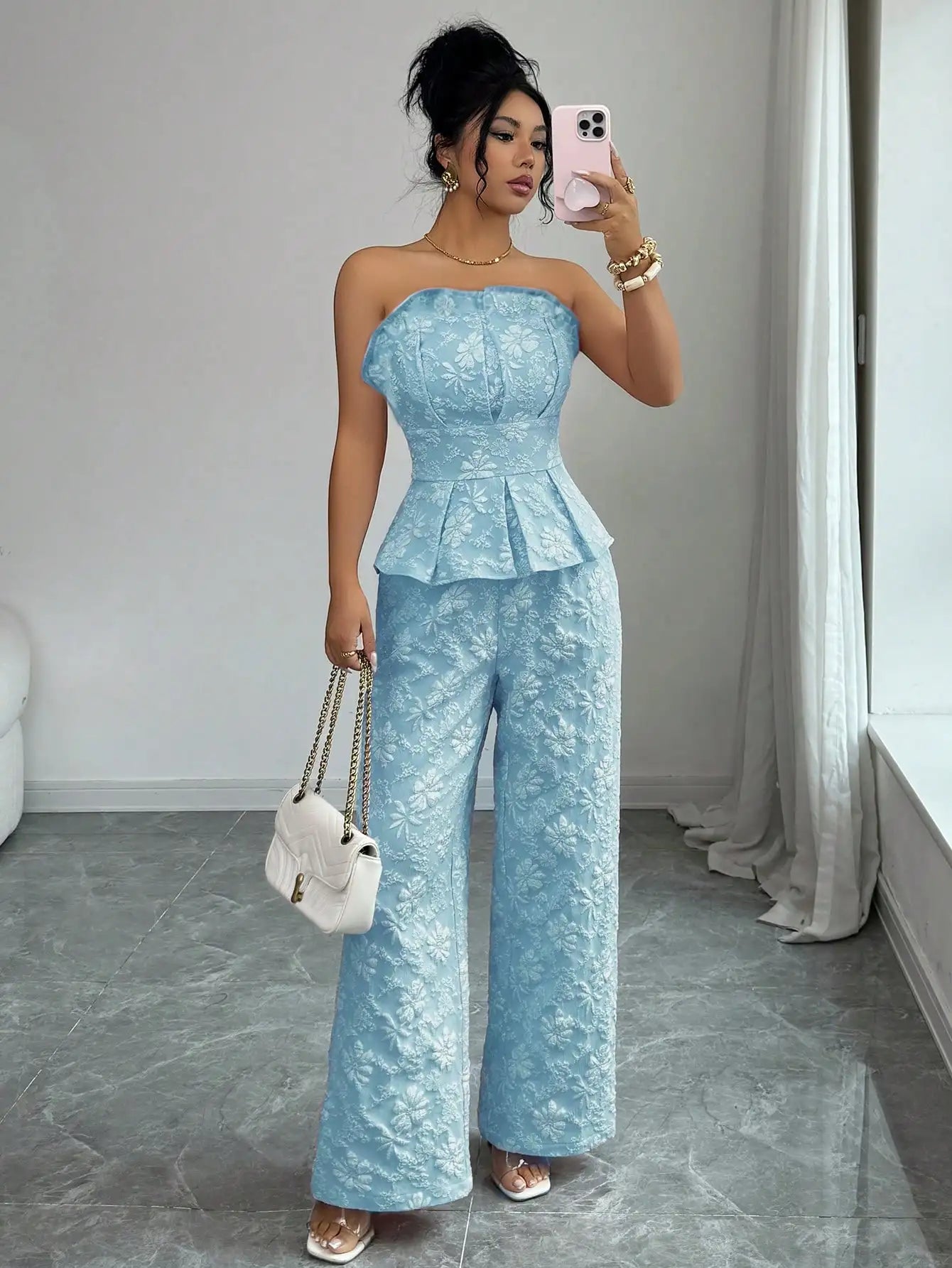 Floral Jacquard Strapless Peplum Top And Wide Leg Pants Set
