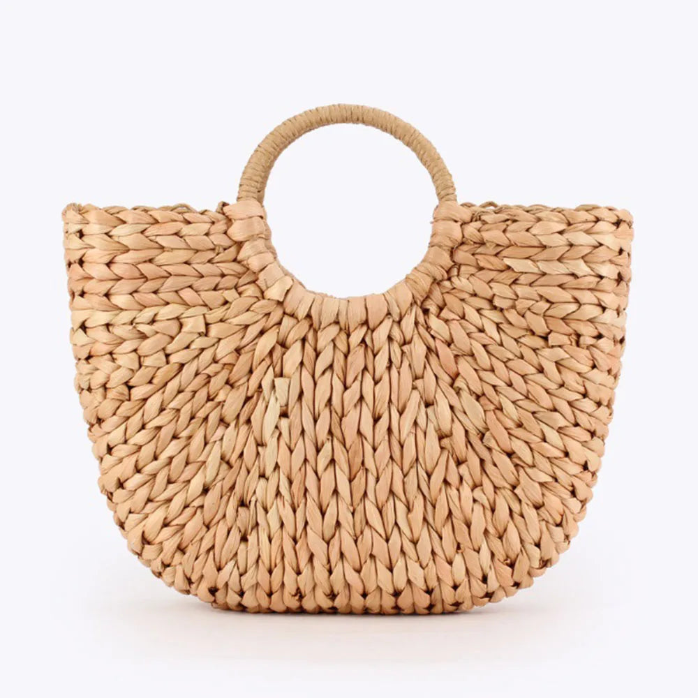 Women Straw Beach Bag Half Round Rattan Tote Handwoven