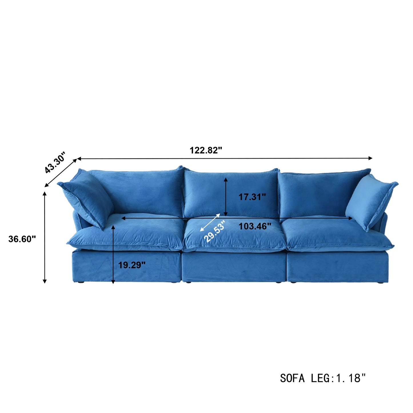 122.82" Velvet Sectional Sofa for Living Room Comfy Convertible  Couches Cushion Covers Removable 2 Corners and an Armless Sofas