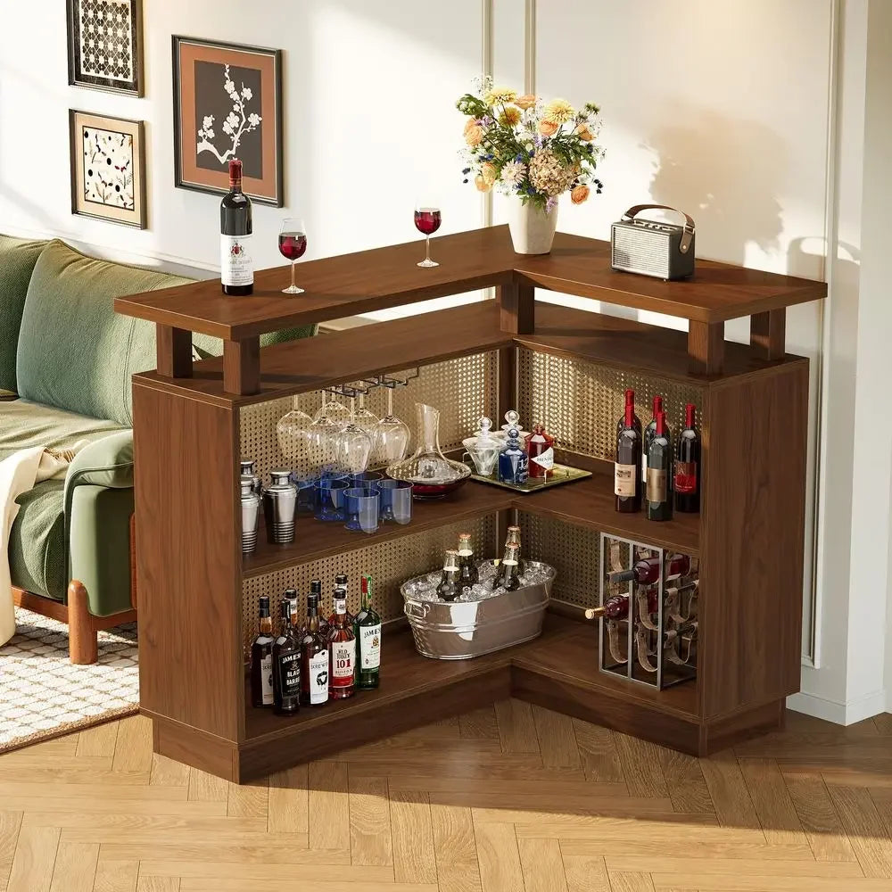 L Shaped Bar Table With Storage Shelf Rattan Home Unit
