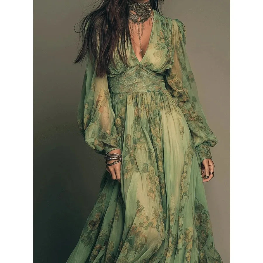 Elegant Pastoral Bohemian Print V Neck Long Sleeve Dress