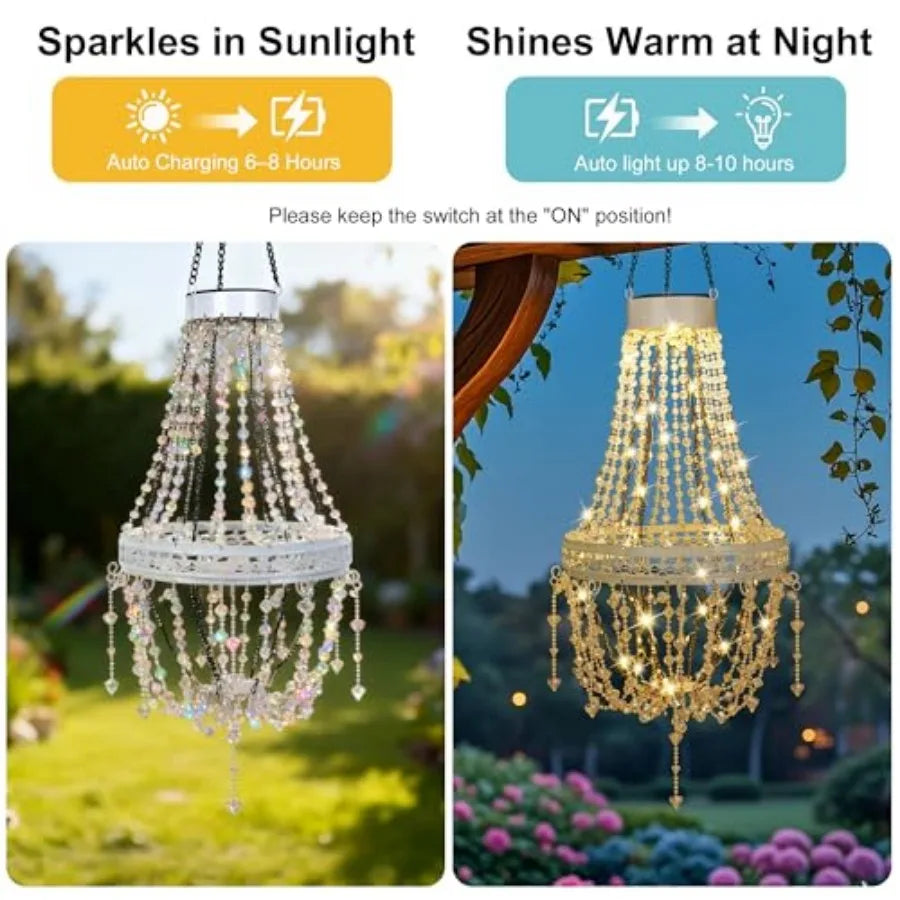 Hanging Solar Lantern Outdoor Chandelier Waterproof Crystal Pendant LED