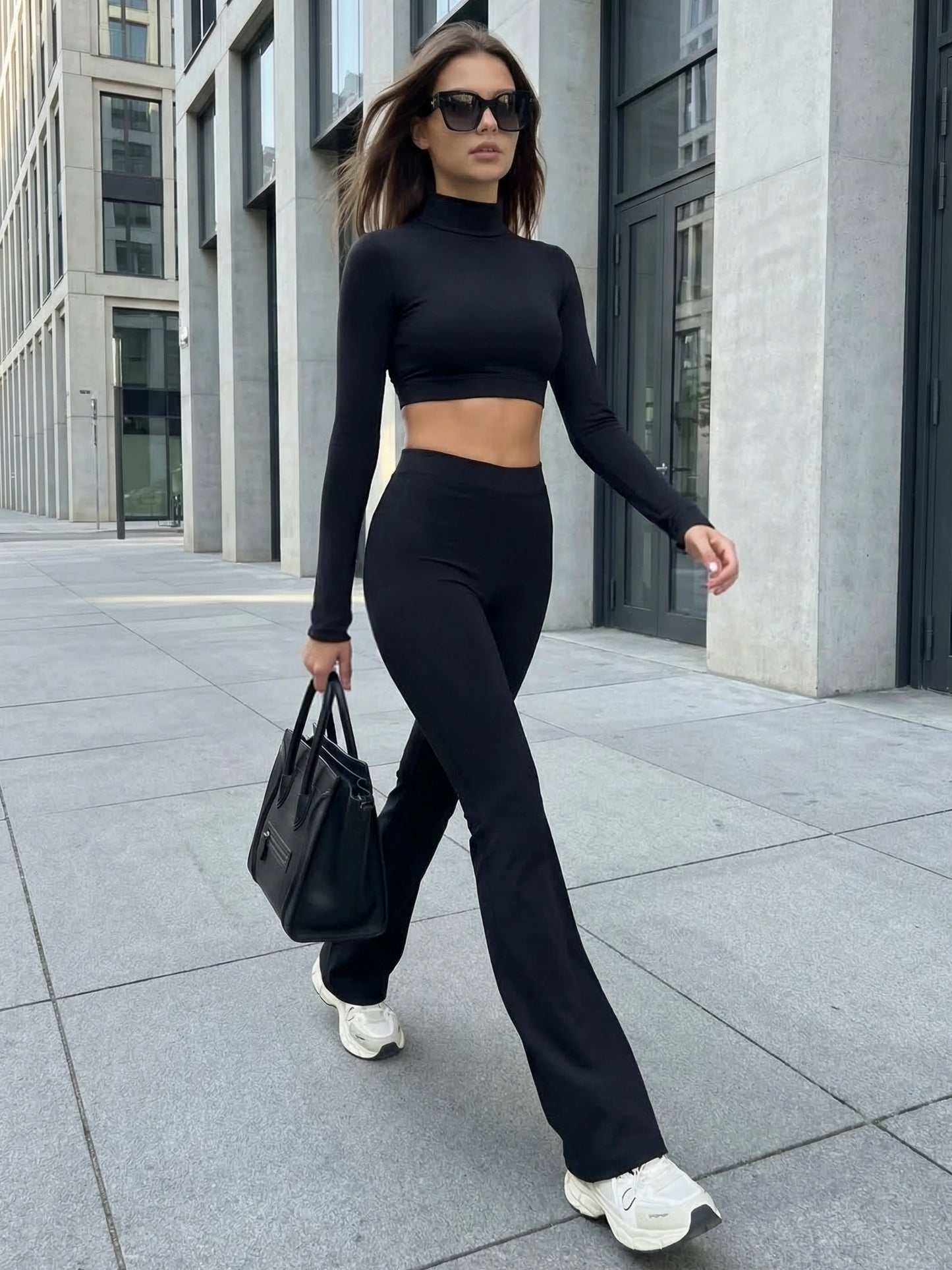 Women's Yoga Set With Back Cutout Turtleneck And Flare Pants