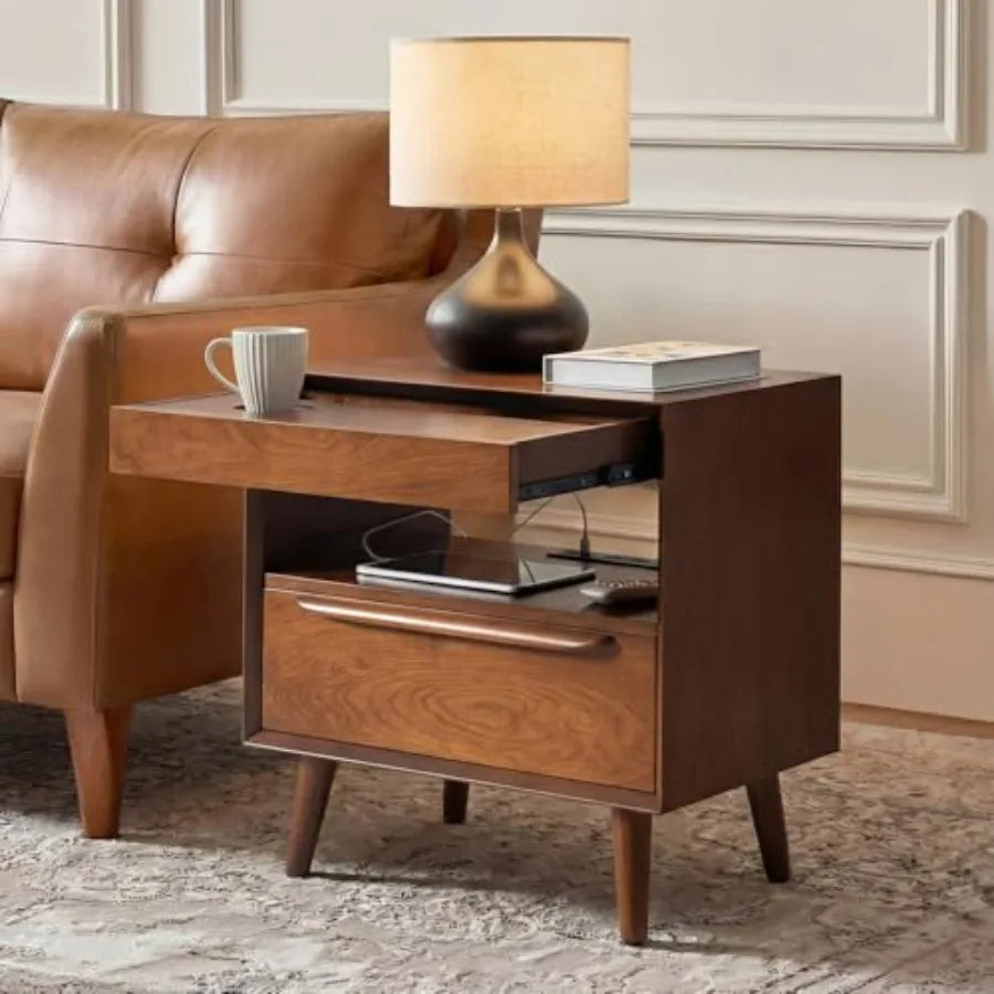 YTYIN End Table With Charging Station, Mid Century Modern Pull Out Shelf