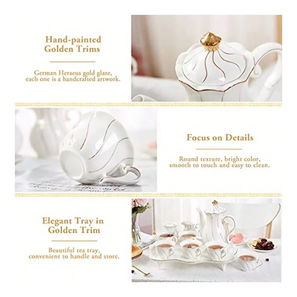 Elegant Porcelain Tea Set for Six with Tray Spoons and Golden Trim