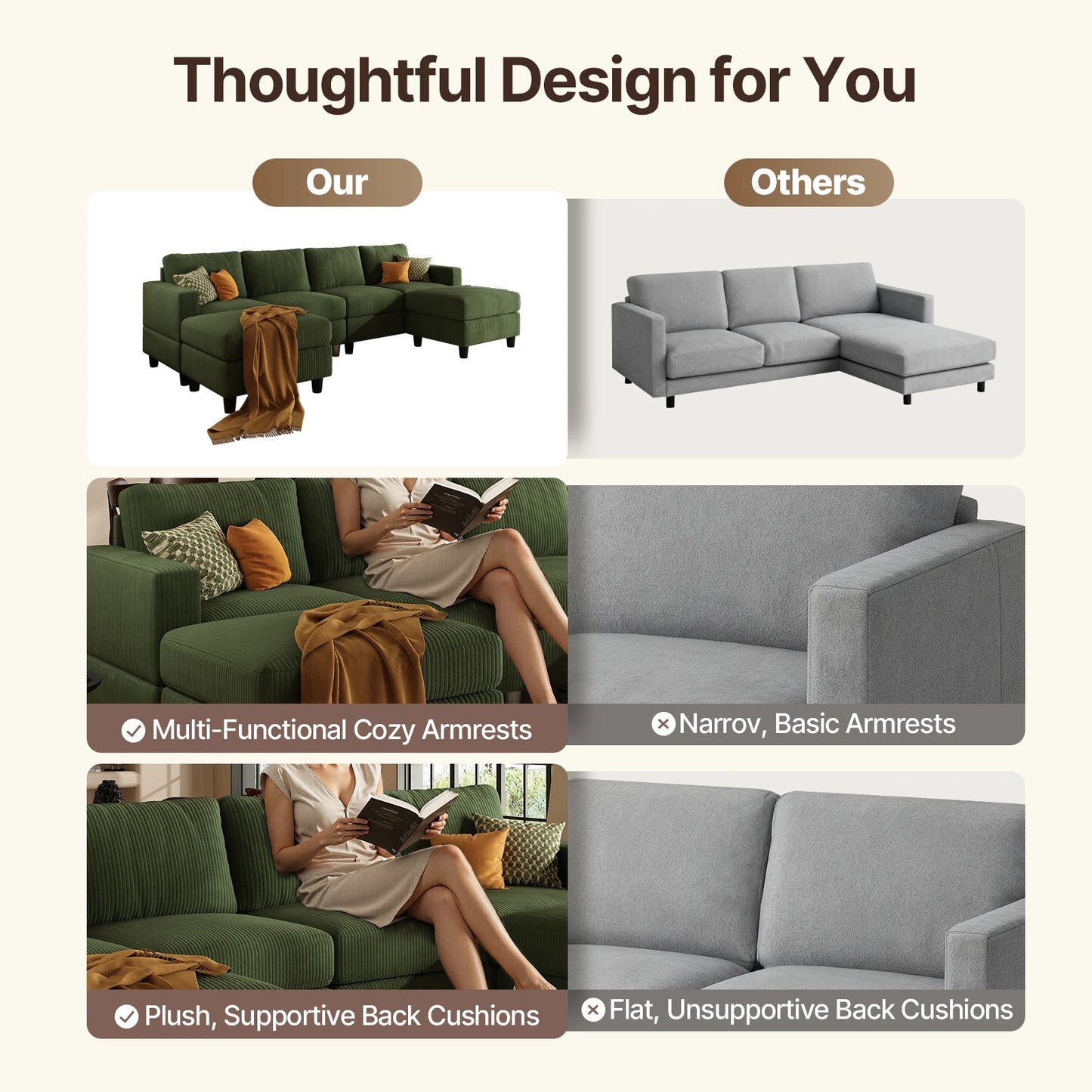 101 Inch Green Corduroy Sectional Sofa, U Shaped Sectional Sofa with 2Ottomans, 6 Seater Convertible Corduroy Sofa, Comfortable