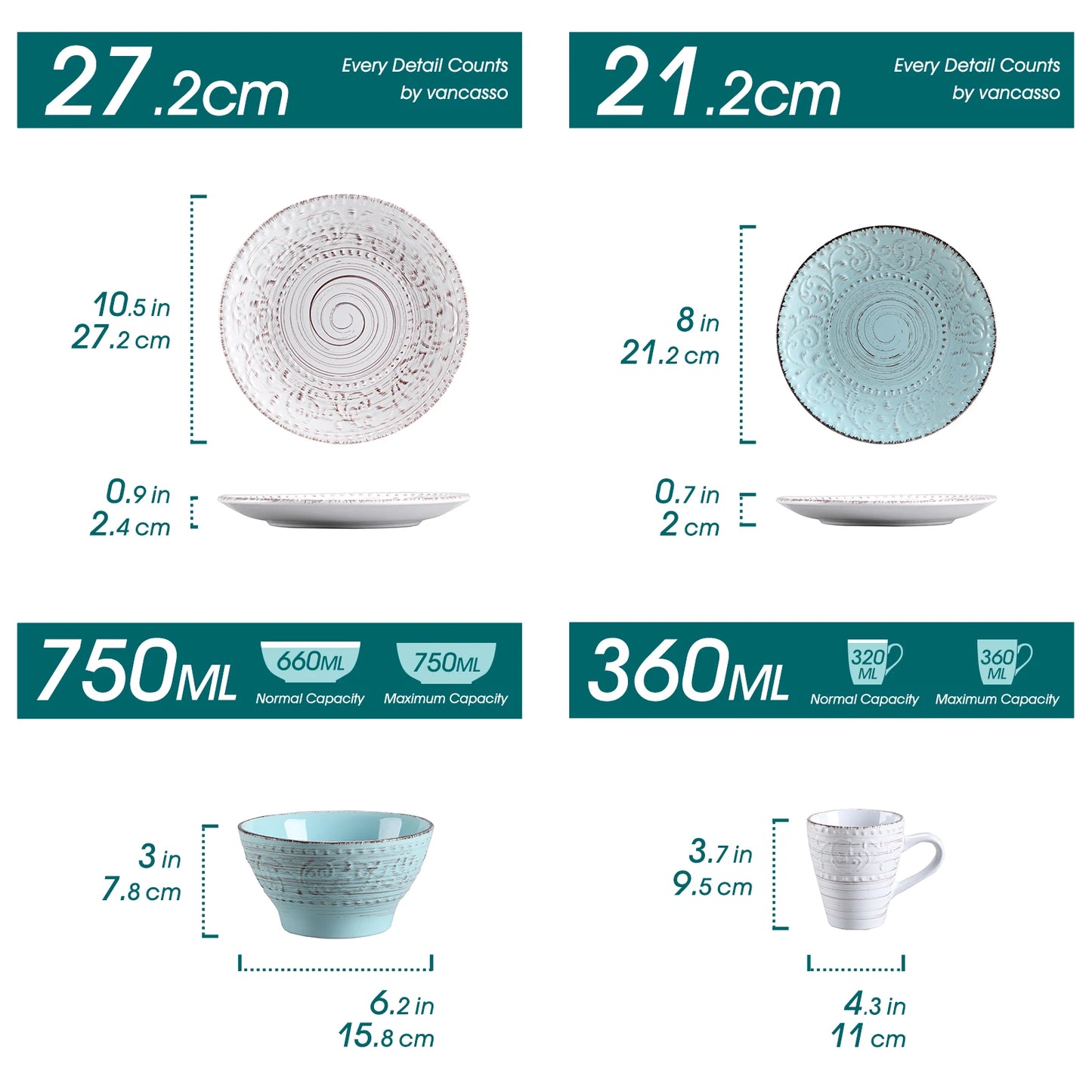 MALACASA Ceramic Dinnerware Set for 4 Plates, Bowls, Mugs