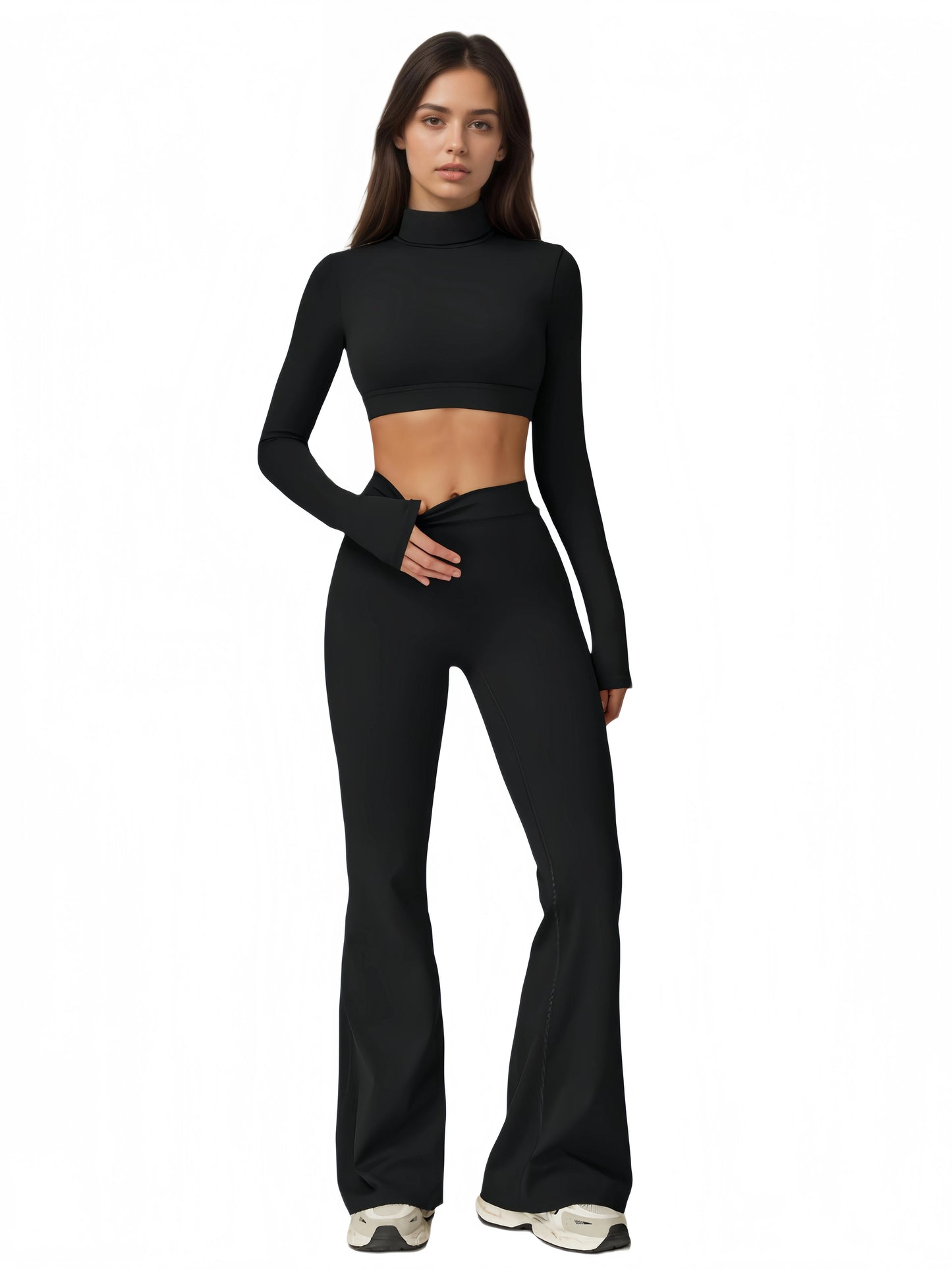 Women's Yoga Set With Back Cutout Turtleneck And Flare Pants