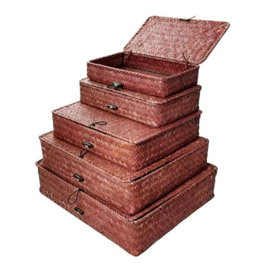 Seagrass Basket With Lid Set For Woven Storage Organizer