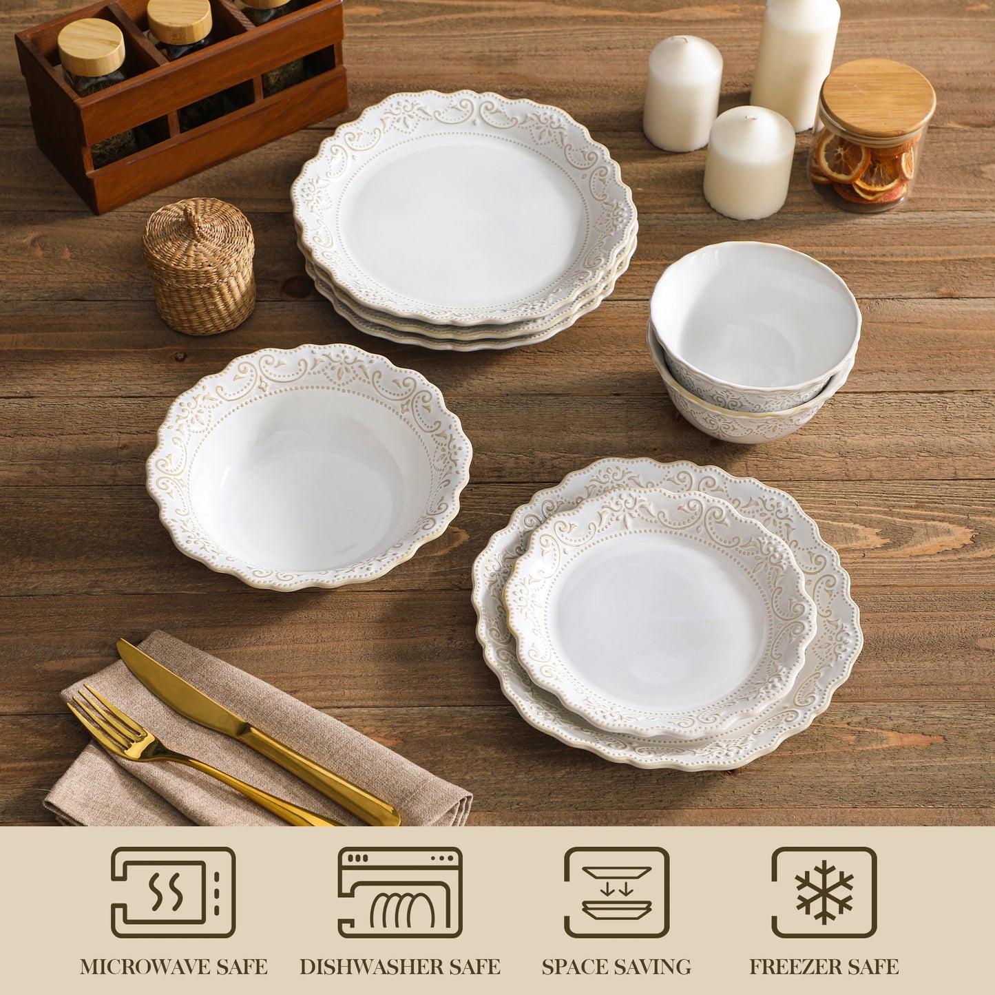 MALACASA Relief White Stoneware Dinnerware Set Elegant And Durable