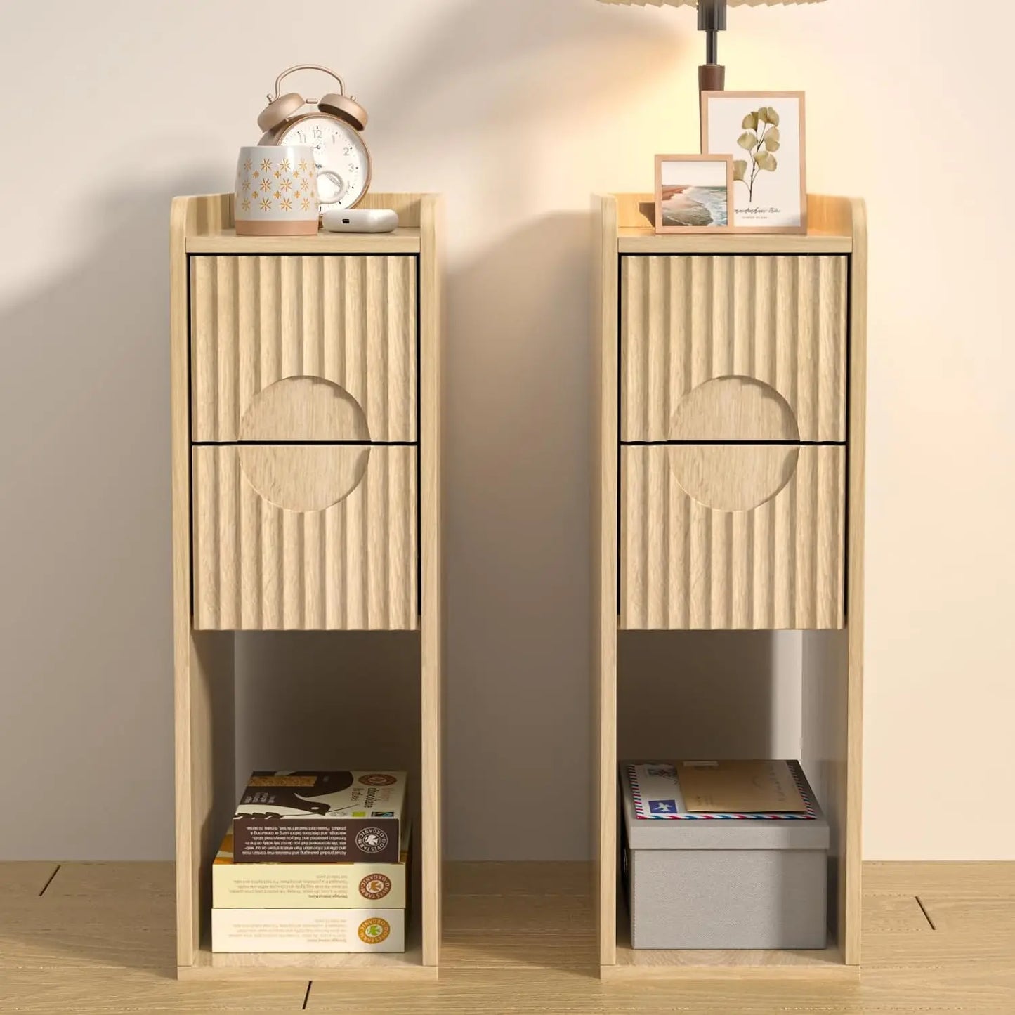 Narrow Fluted Wooden Nightstand With 2 Drawers Slim Bedside Cabinet