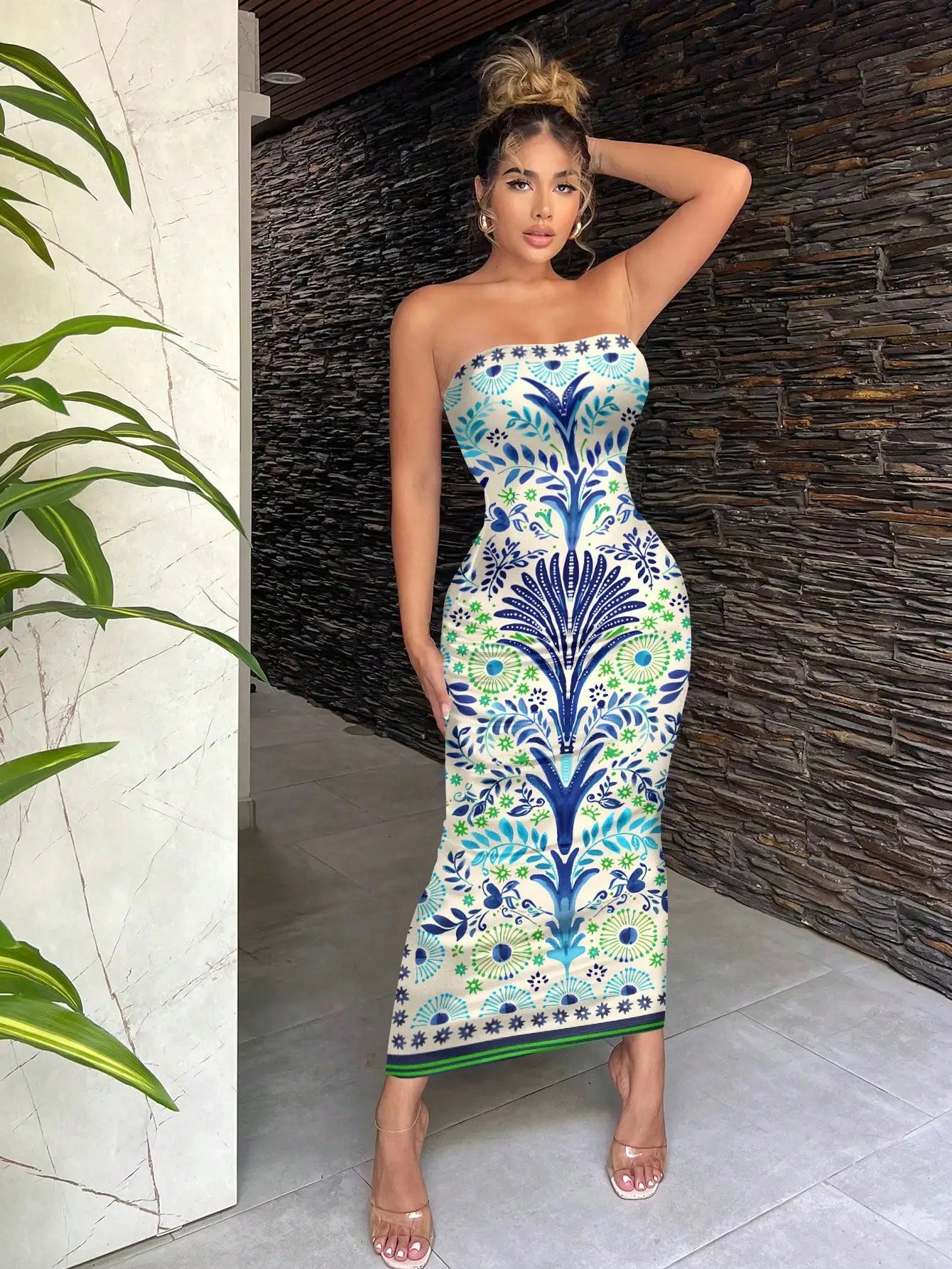 Bohemian Green Tropical Print Strapless Bodycon Dress For Vacation
