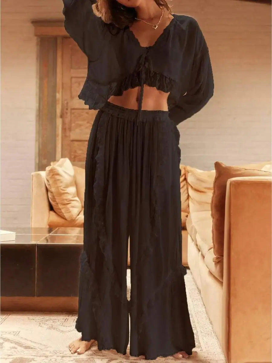 Lace Trim Two Piece Lounge Set With Long Sleeve Crop Top And Wide Leg Pants