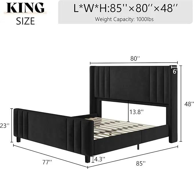 Velvet Upholstered Platform Bed With Vertical Channel Tufting And Wingback