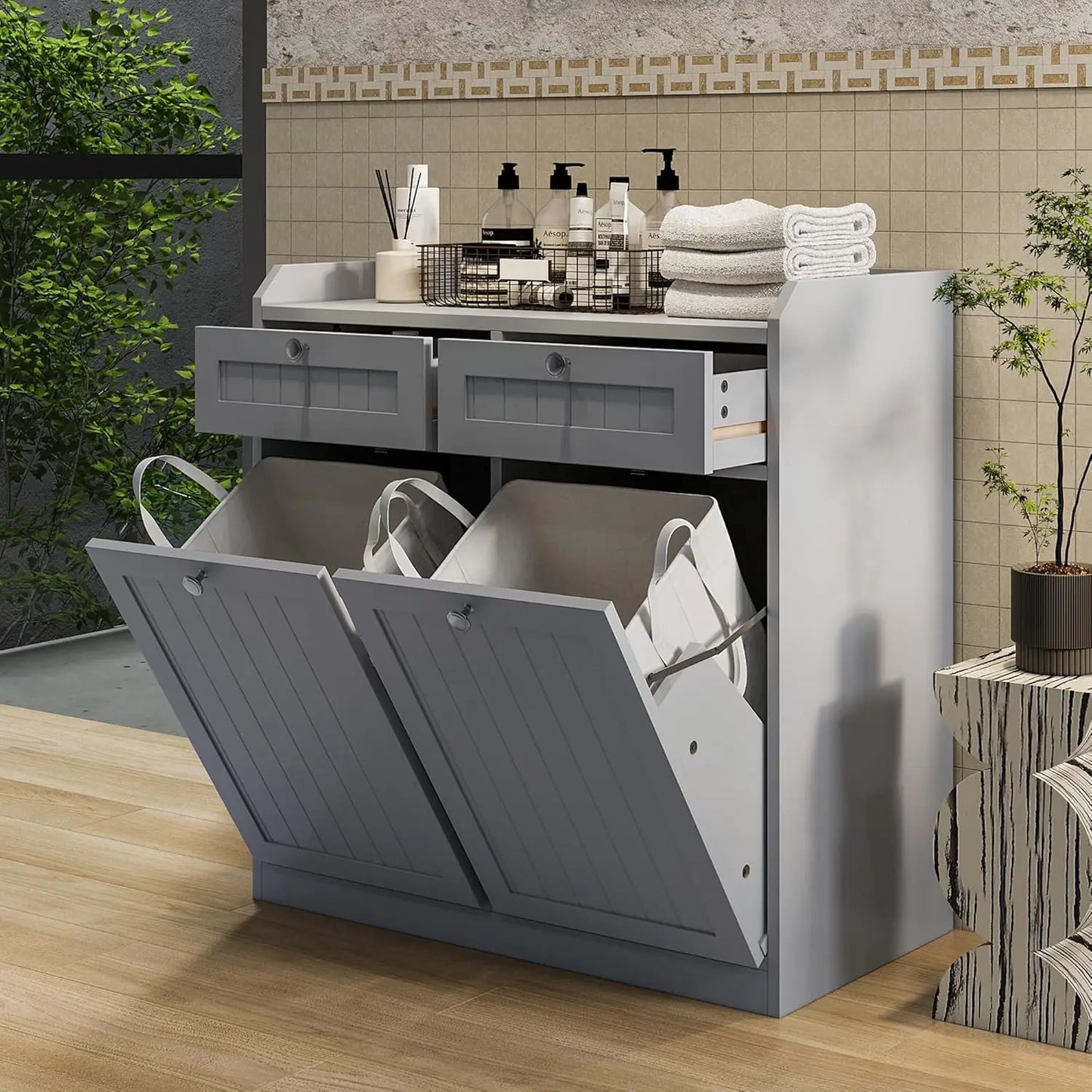 Wooden Double Tilt Out Trash Cabinet With Hidden Drawer