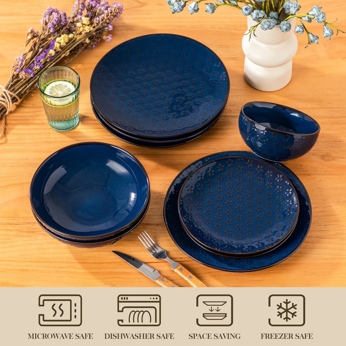 MALACASA Lydia Stoneware Dinner Set Embossed Dinnerware
