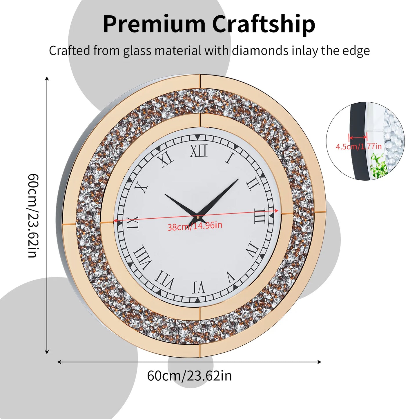 Round Mirror Wall Clock With Crystal Sparkle For Living Room