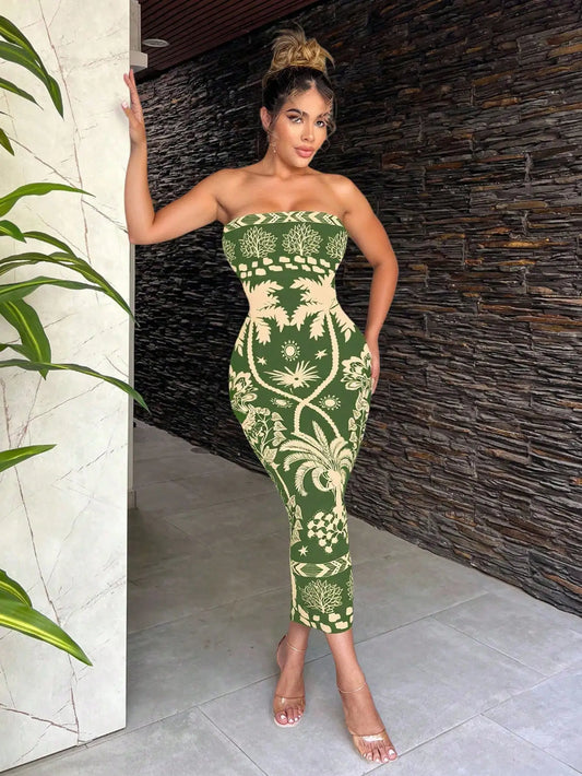 Bohemian Green Tropical Print Strapless Bodycon Dress For Vacation