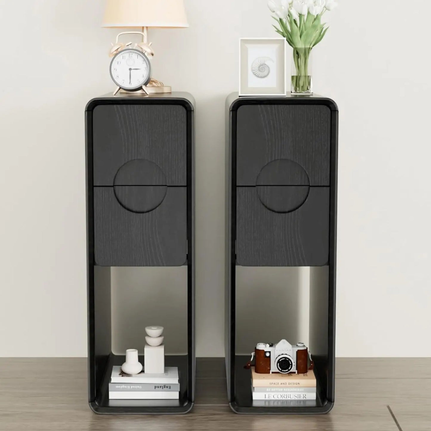 Narrow Fluted Wooden Nightstand With 2 Drawers Slim Bedside Cabinet