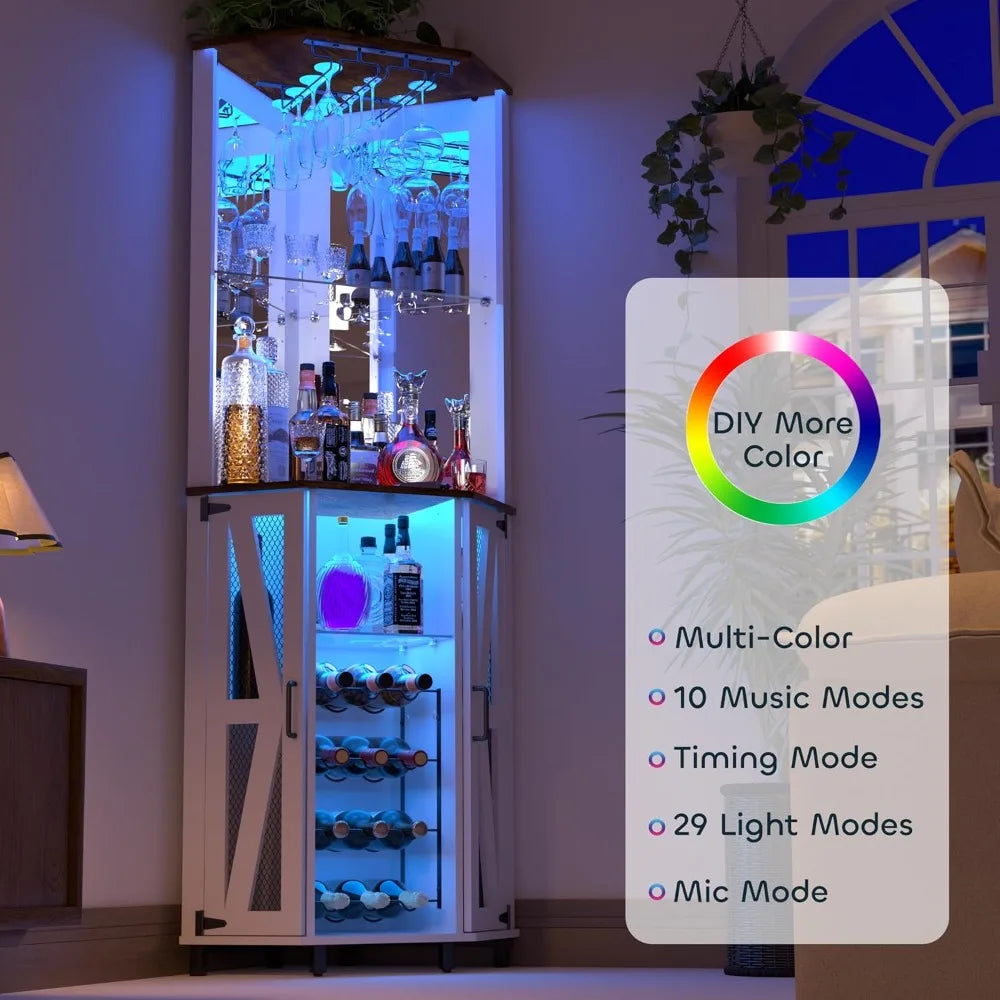 MOYU Farmhouse Corner Bar Cabinet With LED Lighting And Mirror