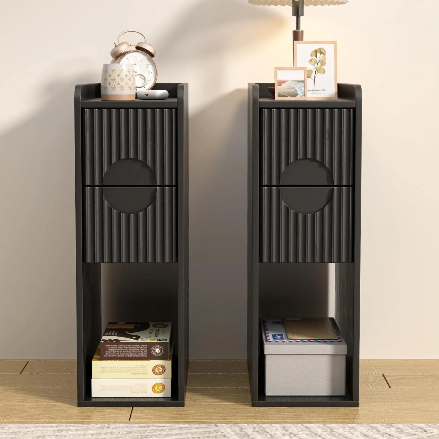 Narrow Fluted Wooden Nightstand With 2 Drawers Slim Bedside Cabinet