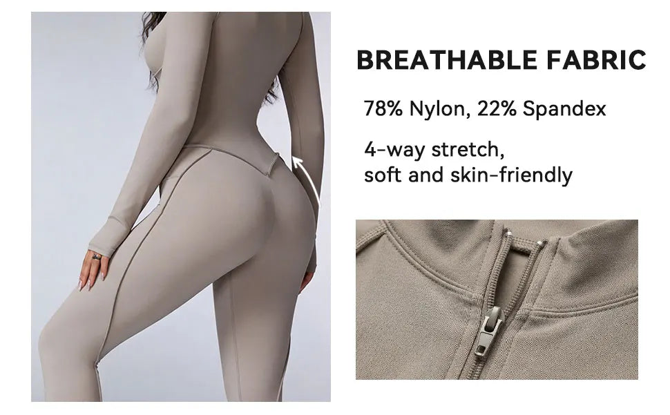 Zip Front Long Sleeve Yoga Jumpsuit For Women, Tummy Control