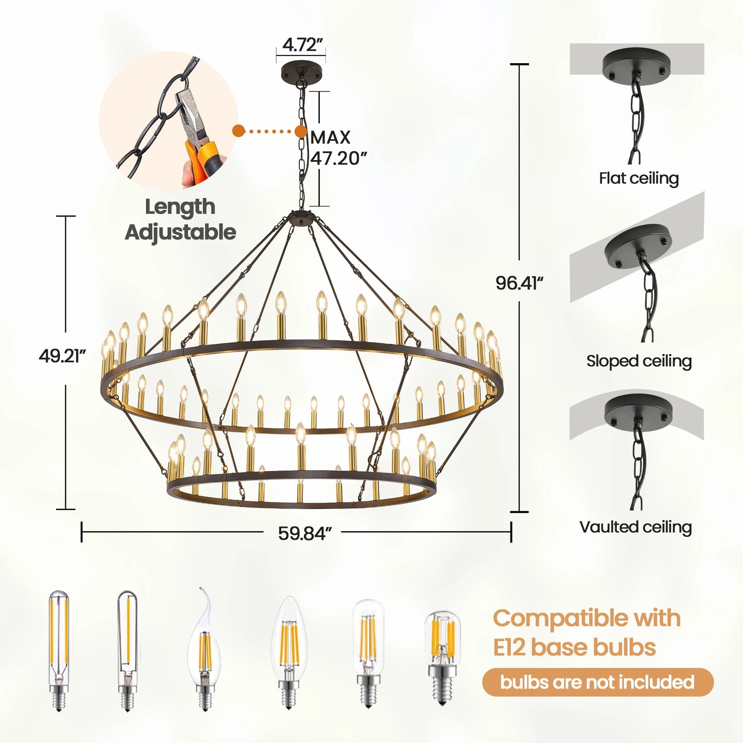 60'' Extra Large Wagon Wheel Chandelier 2 Tier 54-Light Farmhouse Pendant Light Fixture Round  Hanging Lighting for High Ceiling