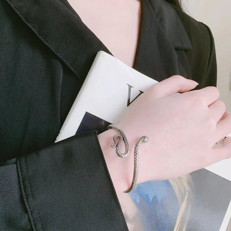 Retro Snake Shape Bracelets 925 Sterling Silver Unisex Open Bangles
