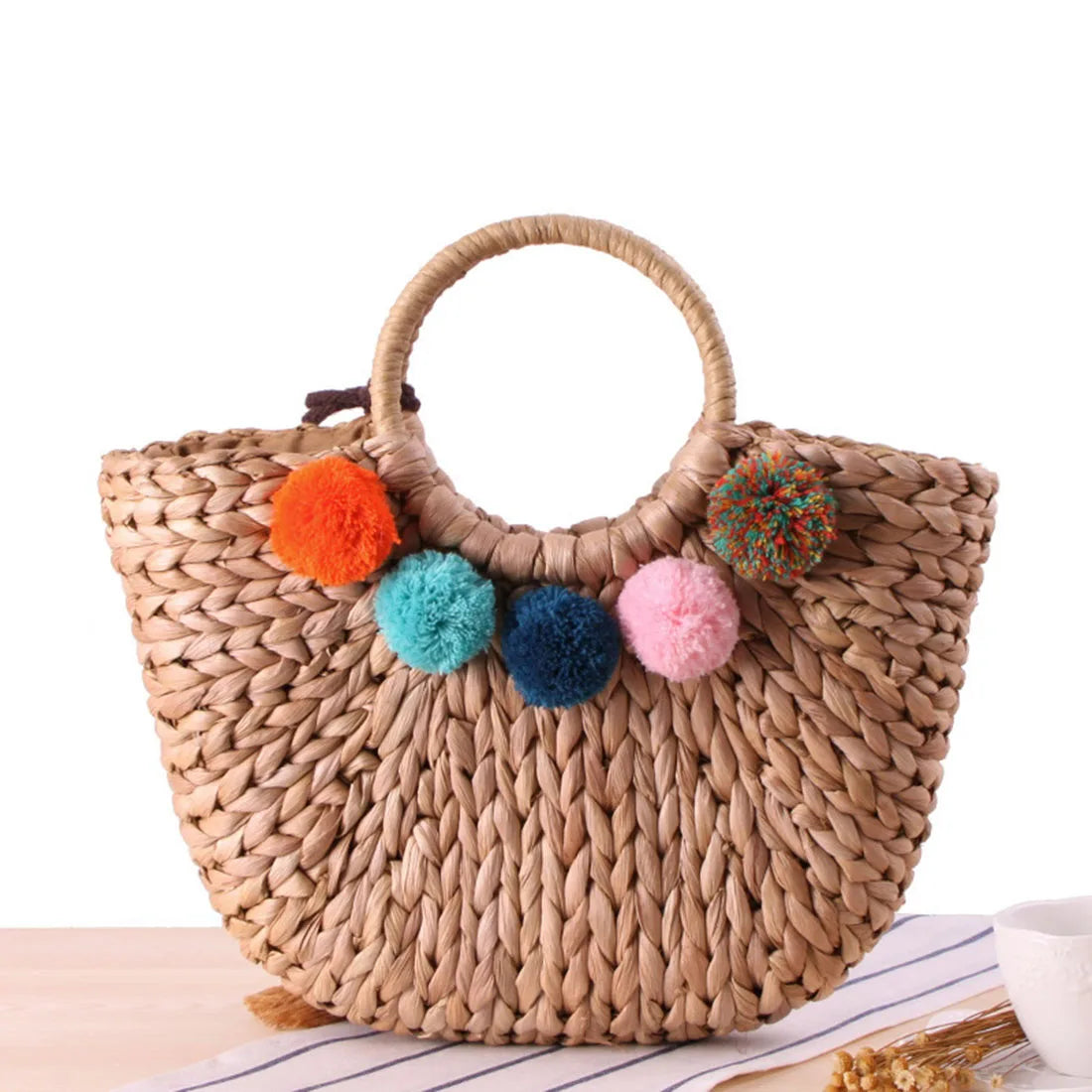 Women Straw Beach Bag Half Round Rattan Tote Handwoven