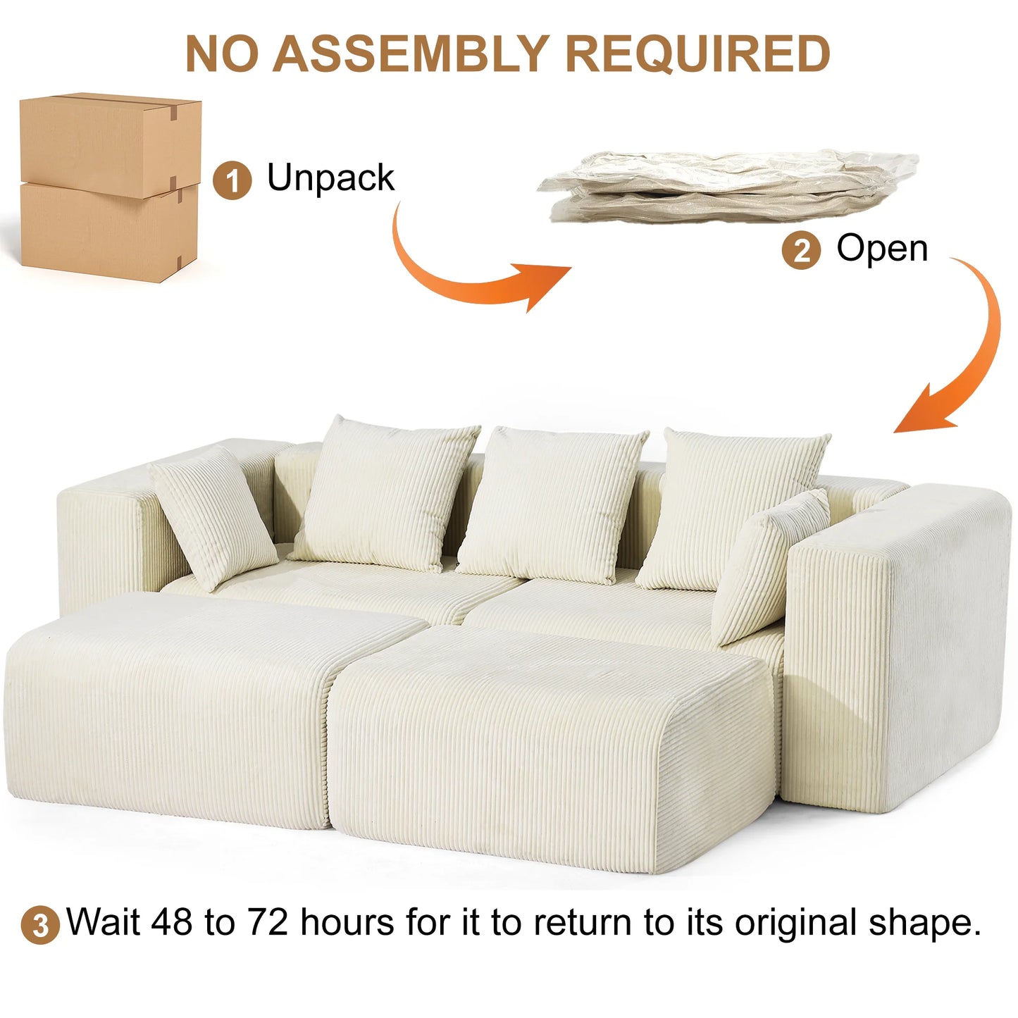 117” Boneless Sofa, Cloud Couch with Deep Seat, Comfy Corduroy Modular Sectional Couch,Memory Foam,No Assembly,For Living Room