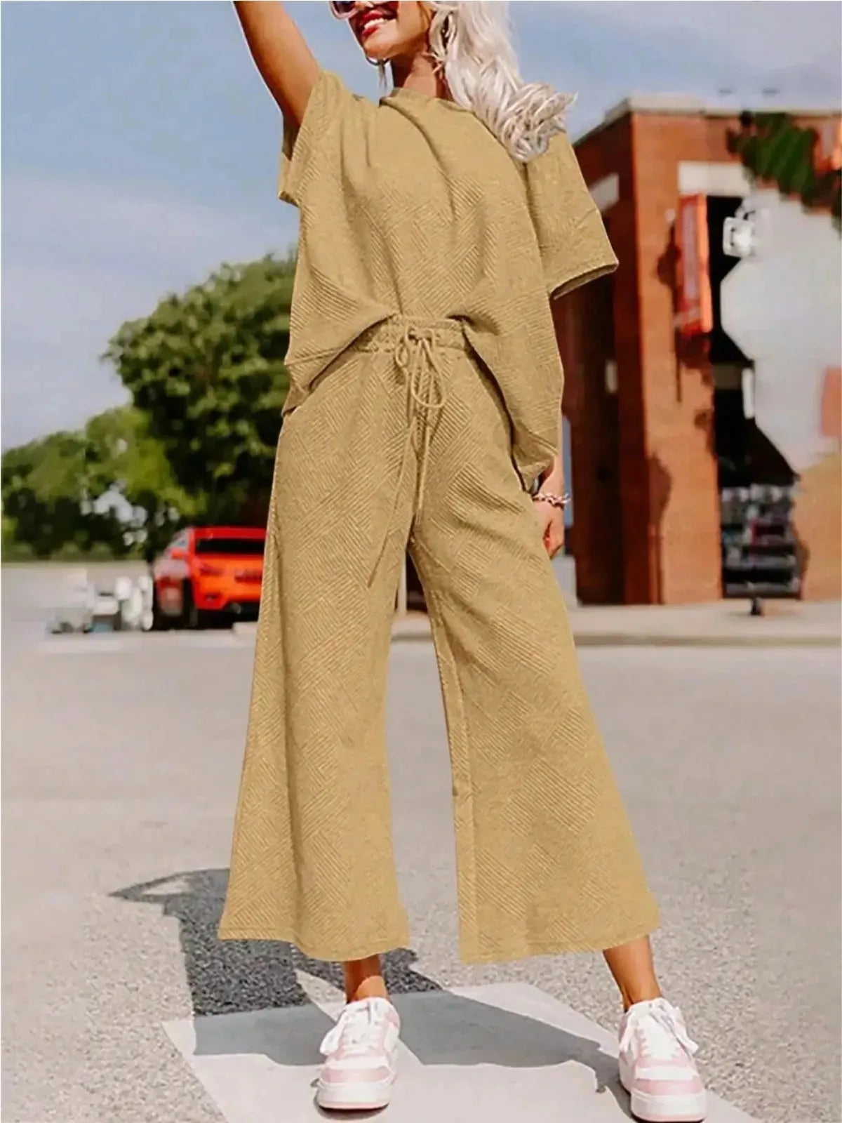Fisoew Two Piece Sweat Set Luxury High Stretch Drawstring Waist