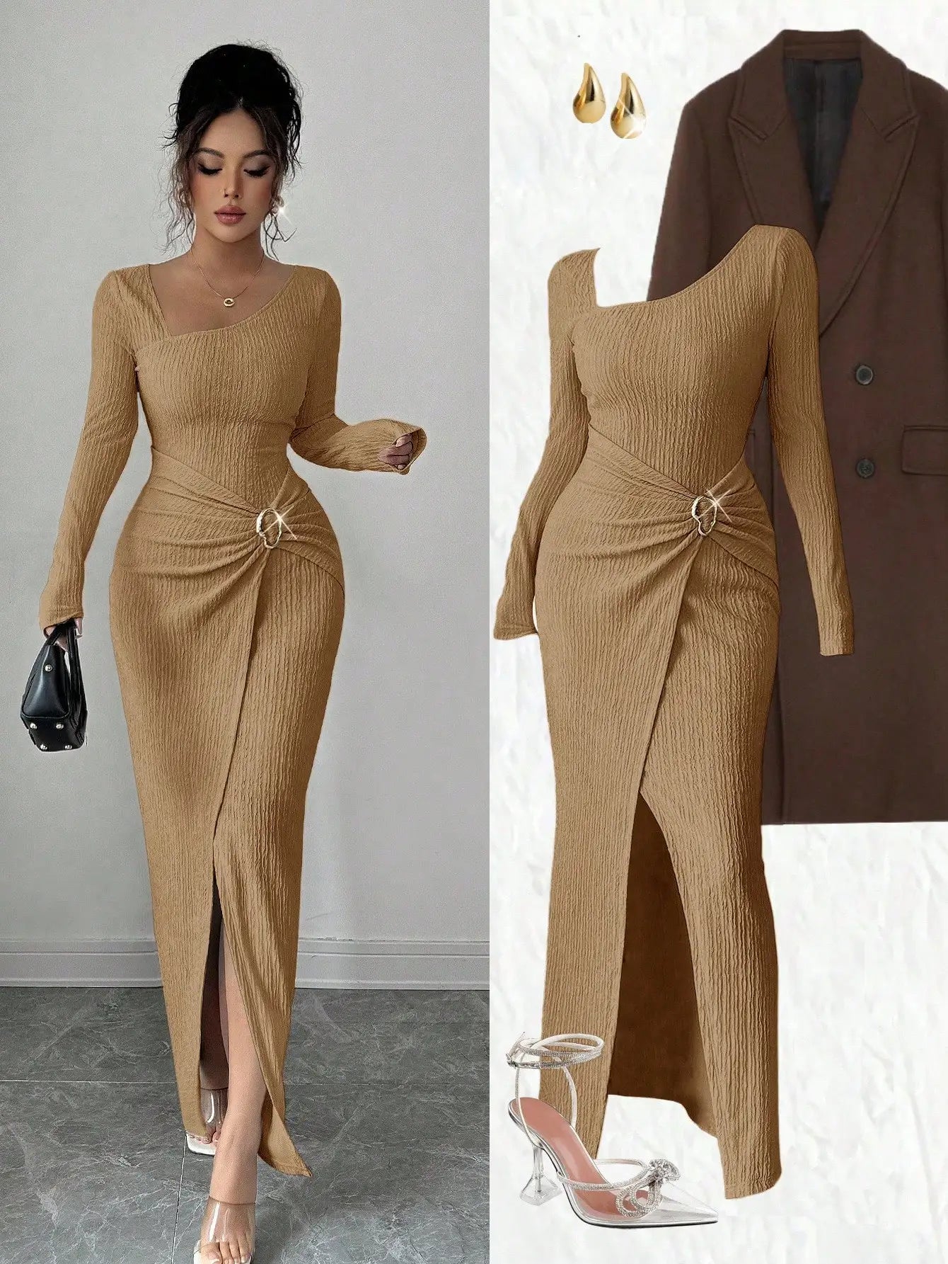Asymmetrical Neck Knitted Bodycon Dress With Twist Waist Side Slit