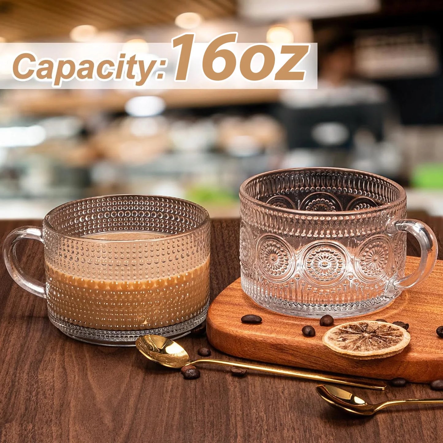 Vintage Embossed Glass Coffee Mugs With Bamboo Lids And Spoons
